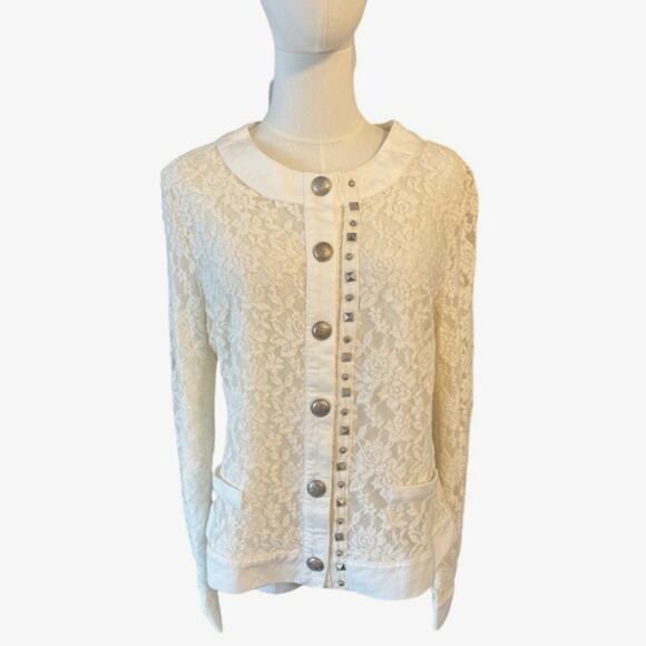 Mono Reno Elegant Cream Lace Button-Up Knit Cardigan Women’s Size Large NWT - Picture 1 of 8